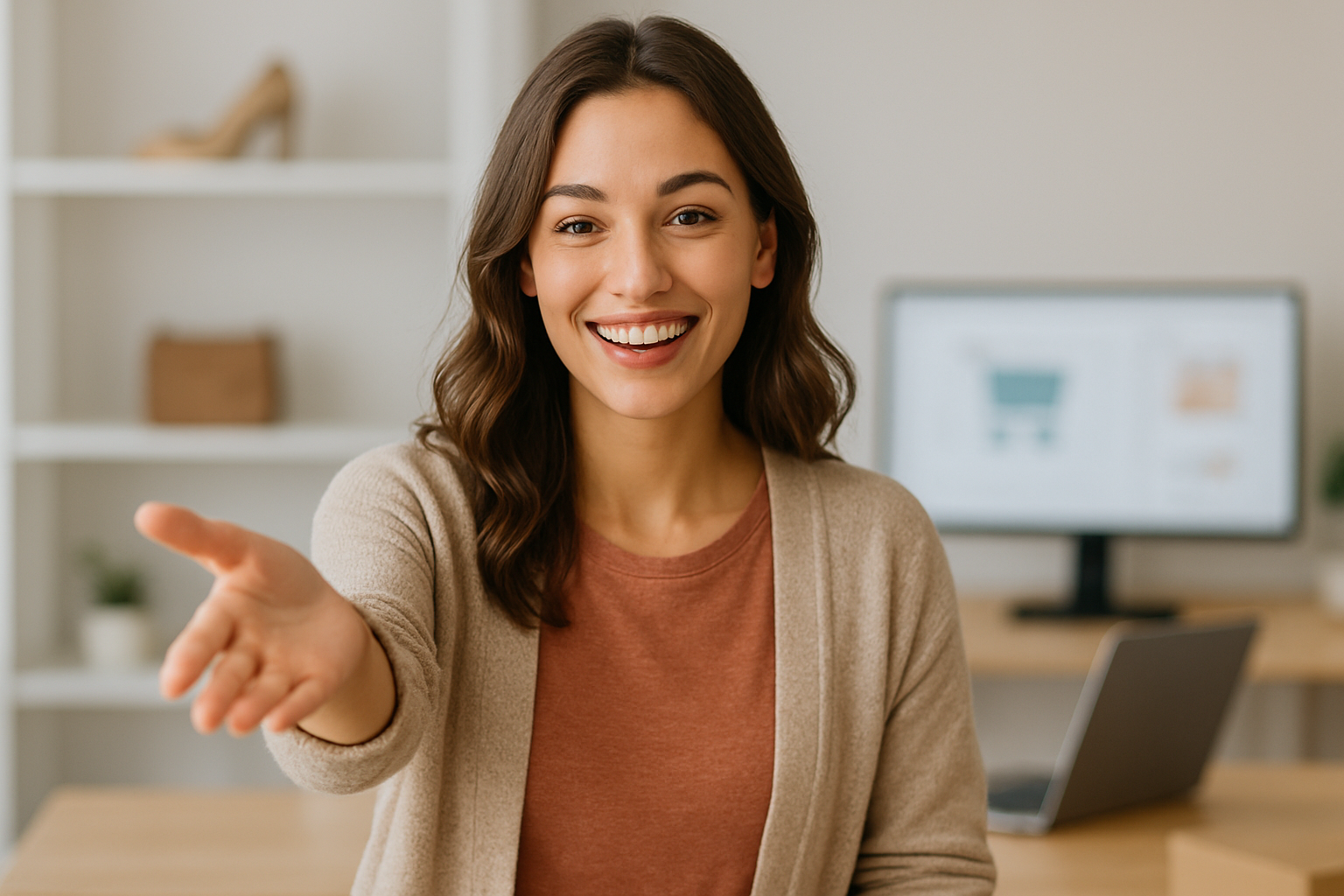 QUIERO UNA IMAGEN SUPRRE CREATIVA DE UNA CHICA Q ME INVITA A COMPRAR EN MI TIENDA VIRTUAL Q LA IMAGEN SEA REAL